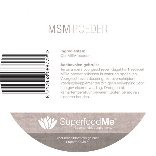 MSM poeder Superfood4Me etiket achterkant