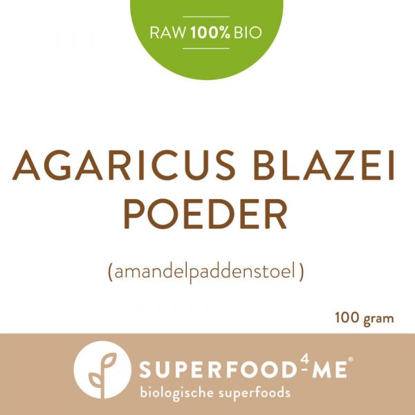Biologische Agaricus Blazei poeder amandelpaddenstoel superfoods Superfood4Me etiket voor